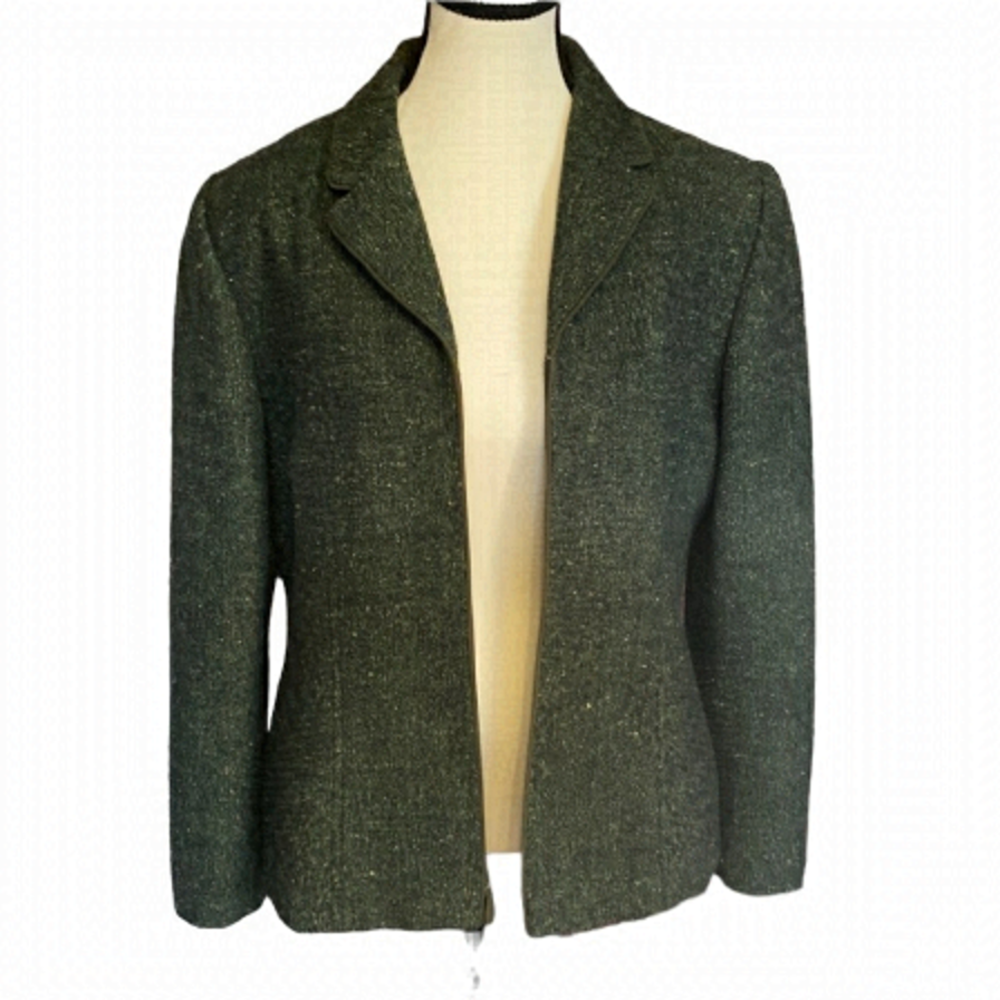 Kasper & Company Green Tweed Wool Blend Zip Up Fall Jacket Size 12